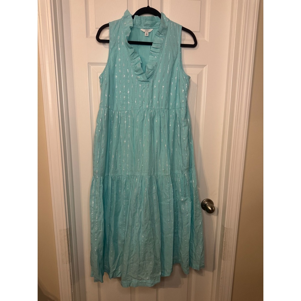Crown & Ivy Women Aqua Blue Silver Metallic Stripe Tiered Ruffle Maxi Dress M